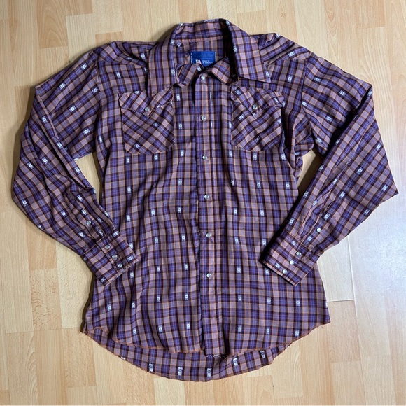 Panhandle Slim Tops - Panhandle Slim Vintage Brown and Blue Plaid Pearl Snap with Embroidery Large